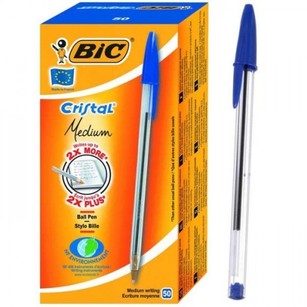 PAQUET DE 50 STYLOS CRISTAL MEDIUM BIC BLEU
